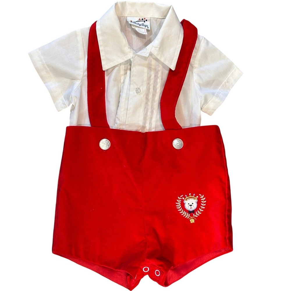 VTG Baby Togs 24M Red Suspender Shorts White Shirt Bear Embroidery Wedding Kids